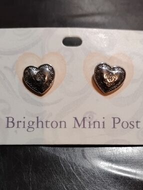 Brighton Silver Heart Post Earrings with Floral Engraving NWT